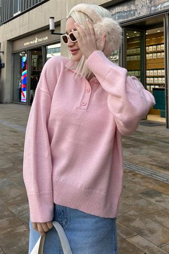 Pembe Düğmeli Polo Yaka Kadın Kazak Mg2307