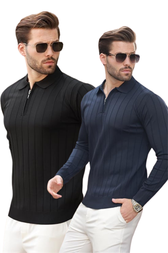 Siyah/Lacivert Polo Yaka Fermuarlı Örme Kazak 2Li Set 7242