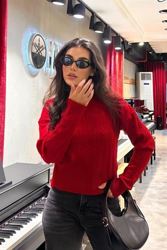 Kırmızı Yarım Balıkçı Yaka Örgülü Triko Kadın Kazak MG2257
