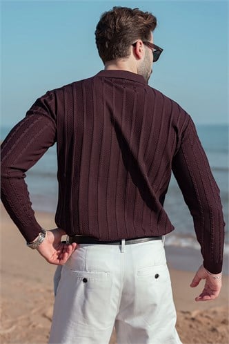 Mürdüm Polo Yaka Örgü Desenli Triko Erkek Kazak E7507