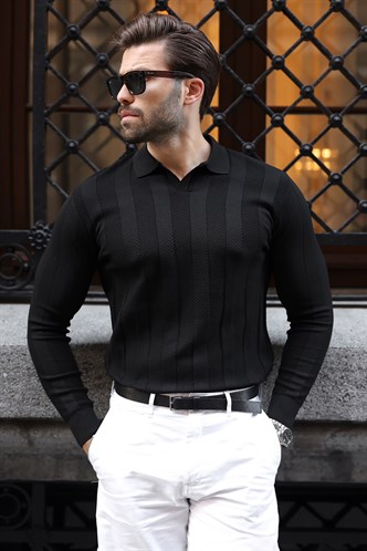 Siyah Regular Fit Polo Yaka Triko Erkek Kazak E7509