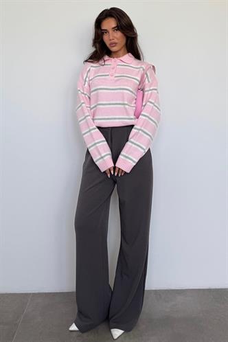 Pembe Polo Yaka Çizgili Kadın Triko Kazak Mg2469