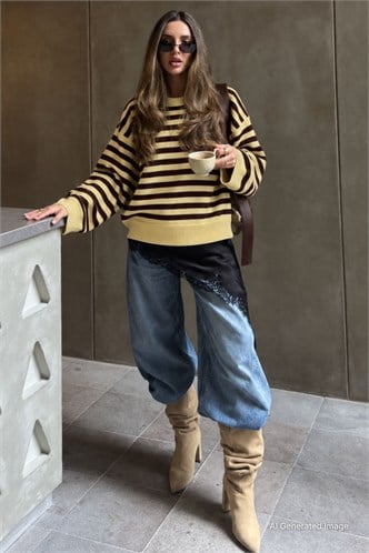 Sarı Çizgili Bisiklet Yaka Oversize Kadın Kazak MG2894