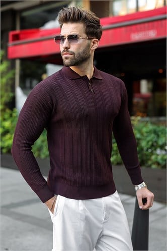 Mürdüm Düğmeli Polo Yaka Desenli Over Fit Erkek Triko Kazak E7520
