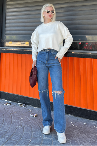 Krem Bisiklet Yaka Crop Kadın Kazak MG2166
