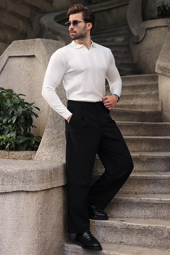 Beyaz Regular Fit Polo Yaka Triko Erkek Kazak E7509