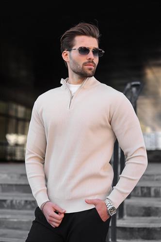 Taş Rengi Yarım Fermuarlı Dik Yaka Erkek Triko Kazak 7442