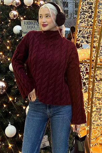 Bordo Balıkçı Yaka Örme Triko Kazak MG2172