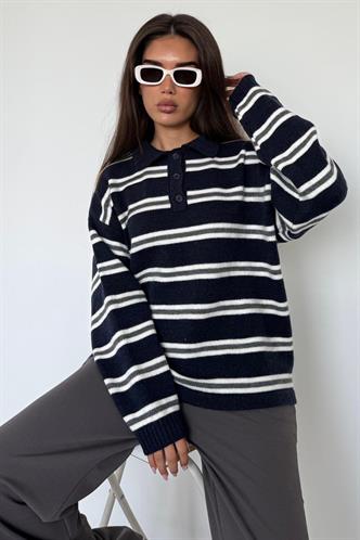 Lacivert Polo Yaka Çizgili Kadın Triko Kazak Mg2469