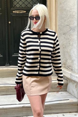 Siyah Çizgili Bisiklet Yaka Gold Düğme Detaylı Cotton Hırka MG1605