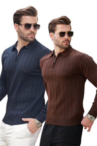 Kahverengi/Lacivert Polo Yaka Fermuarlı Örme Kazak 2Li Set 7242