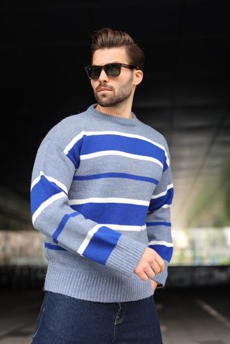 İndigo Çizgili Bisiklet Yaka Triko Erkek Kazak E7455
