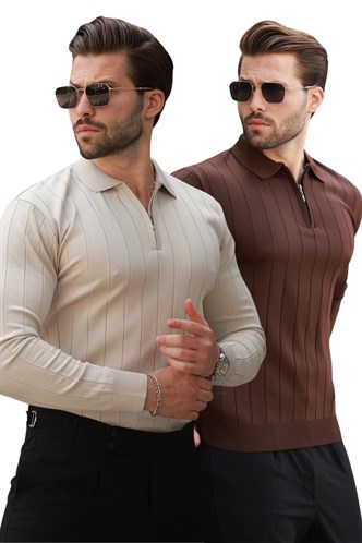 Kahverengi/Bej Polo Yaka Fermuarlı Örme Kazak 2Li Set 7242