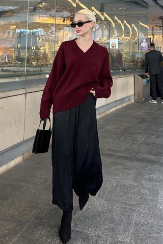 Koyu Bordo V Yaka Oversize Kadın Triko Kazak MG2149