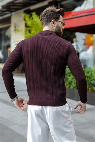 Mürdüm Düğmeli Polo Yaka Desenli Over Fit Erkek Triko Kazak E7520