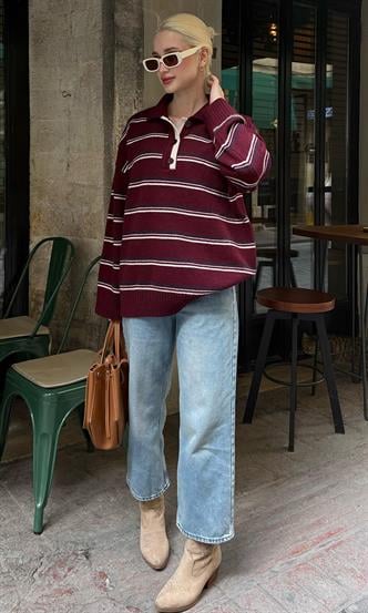 Madmext Bordo Çizgili Düğmeli Polo Yaka Kazak Mg2357