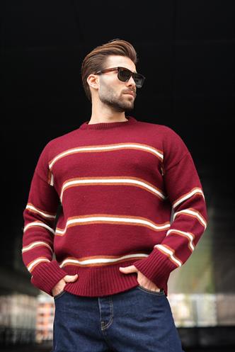 Bordo Çizgili Triko Erkek Kazak E7457