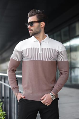 Kahverengi Fermuar Yaka Renk Bloklu Uzun Kollu Kazak 7262