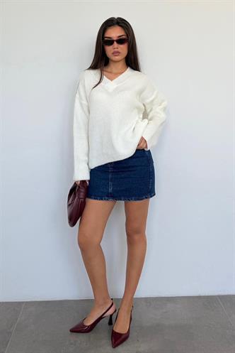 Ekru V Yaka Triko Kadın Kazak Mg2501