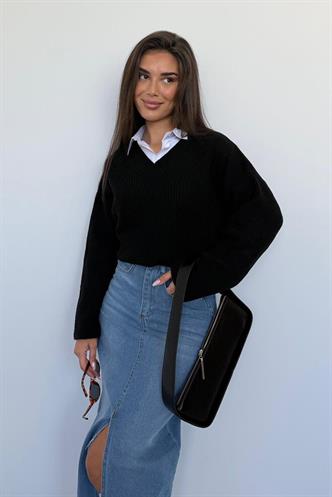 Siyah V Yaka Triko Kadın Kazak Mg2501