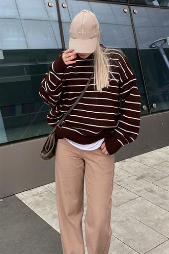 Kahverengi Çizgili Kadın Triko Kazak MG1262