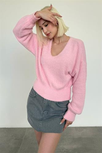 Pembe V Yaka Yumuşak Dokulu Kadın Kazak Mg2499
