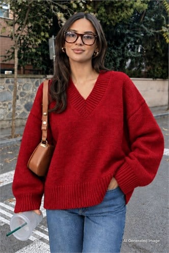 Kırmızı V Yaka Oversize Kadın Triko Kazak MG2149