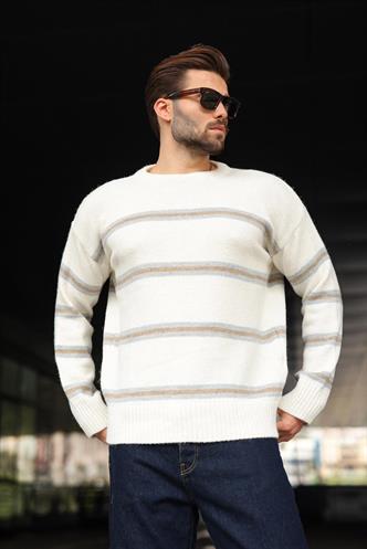 Kemik Rengi Çizgili Triko Erkek Kazak E7457