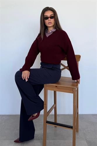 Bordo V Yaka Triko Kadın Kazak Mg2501