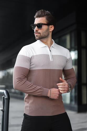 Kahverengi Fermuar Yaka Renk Bloklu Uzun Kollu Kazak 7262