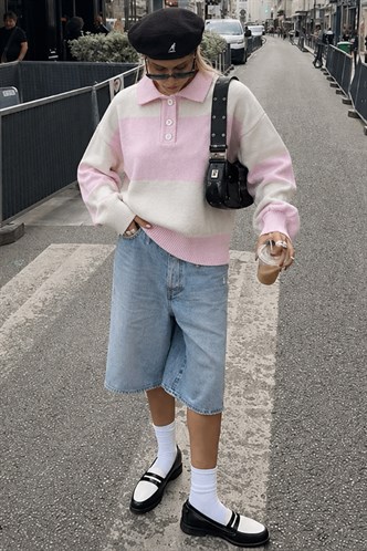 Pembe Düğmeli Polo Yaka Çizgili Kadın Kazak Mg2286