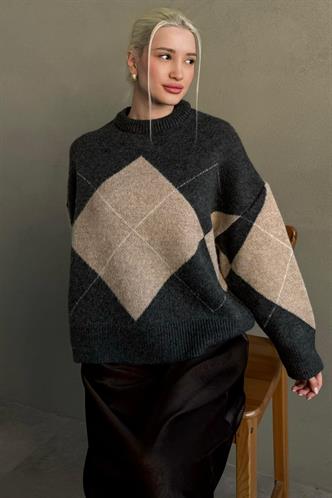 Antrasit Baklava Desenli Bisiklet Yaka Triko Kadın Kazak MG2644