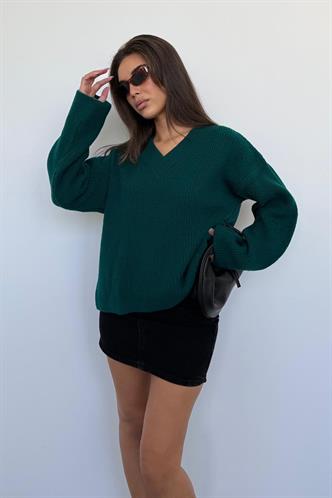 Petrol Yeşili V Yaka Triko Kadın Kazak Mg2501
