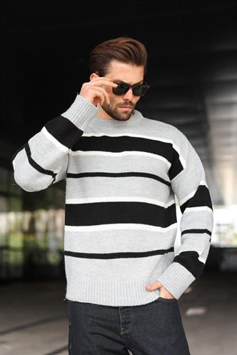 Gri Çizgili Bisiklet Yaka Triko Erkek Kazak E7455