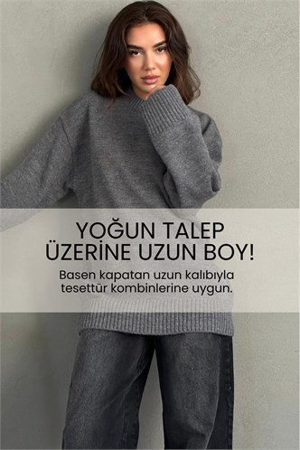 Antrasit Bisiklet Yaka Oversize Uzun Kadın Triko Kazak MG2890