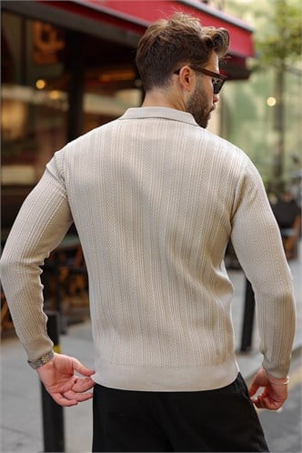 Taş Rengi Düğmeli Polo Yaka Desenli Over Fit Erkek Triko Kazak E7520