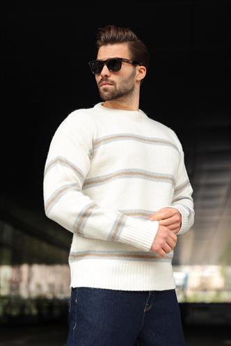 Kemik Rengi Çizgili Triko Erkek Kazak E7457