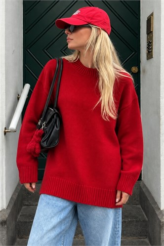 Kırmızı Bisiklet Yaka Oversize Uzun Kadın Triko Kazak MG2890