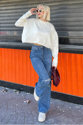 Krem Bisiklet Yaka Crop Kadın Kazak MG2166