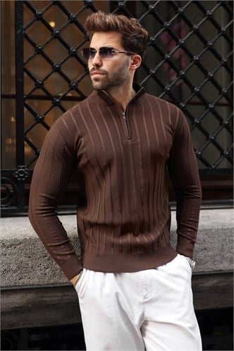 Kahverengi Slim Fit Hakim Yaka Fermuarlı Erkek Triko Kazak E7518  