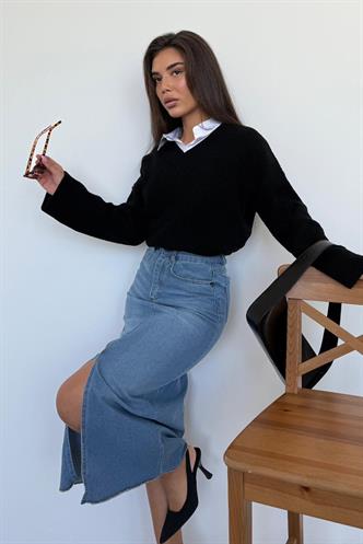 Siyah V Yaka Triko Kadın Kazak Mg2501