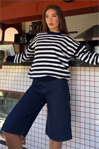Lacivert Çizgili Bisiklet Yaka Oversize Kadın Kazak MG2894
