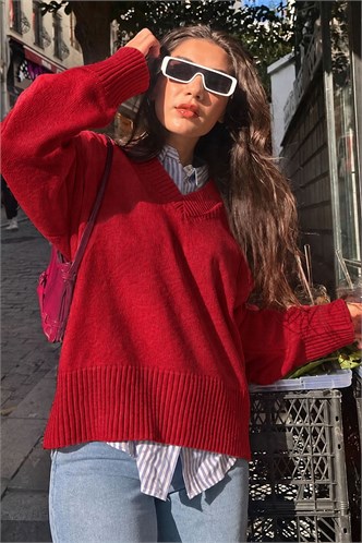 Kırmızı V Yaka Oversize Kadın Triko Kazak MG2149
