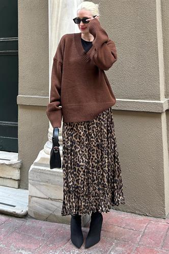 Kahverengi V Yaka Oversize Kadın Triko Kazak MG2149
