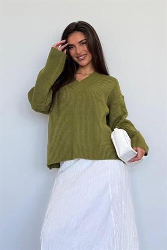 Yağ Yeşili V Yaka Triko Kadın Kazak Mg2501