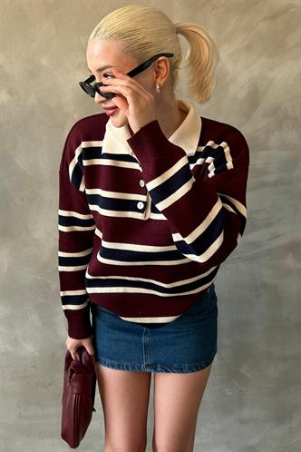 Bordo Çizgili Düğmeli Polo Yaka Kadın Triko Kazak MG2280