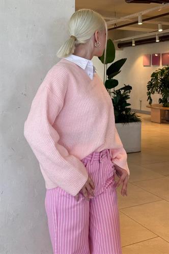 Pembe V Yaka Triko Kadın Kazak Mg2501