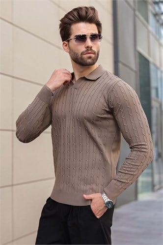 Açık Kahverengi Polo Yaka Saç Örgü Desenli Erkek Triko Kazak E7519