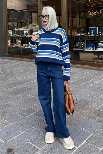 Lacivert Bisiklet Yaka Çizgili Kadın Kazak MG2599