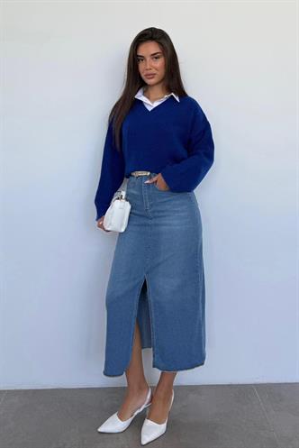 Saks V Yaka Triko Kadın Kazak Mg2501